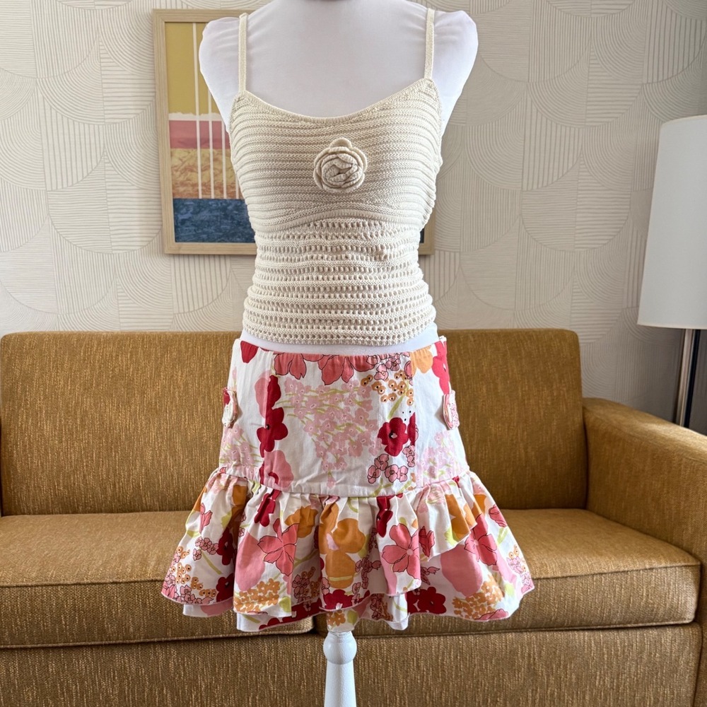 View Floral Ruffle Mini Skirt Pink Orange Drop Waist Tiered Cotton Blend Size 6